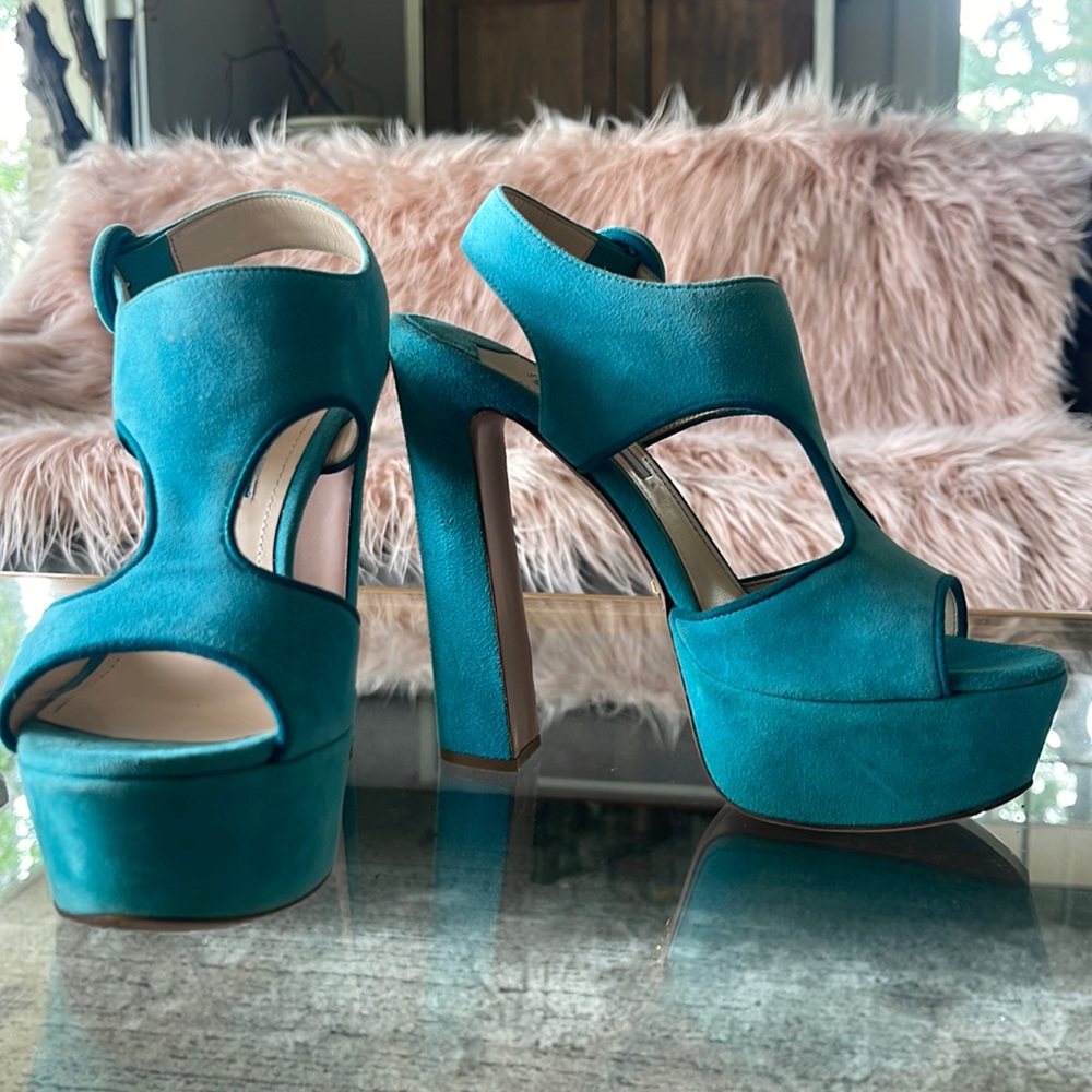 Turquoise blue suede Prada platform sandals